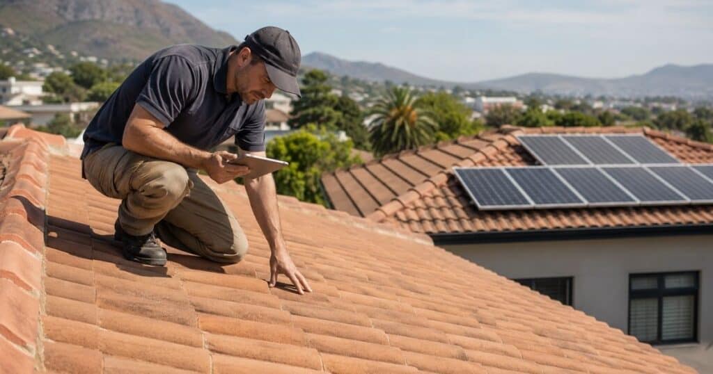 Man examining roof tiles for leaks with solar panels in background.