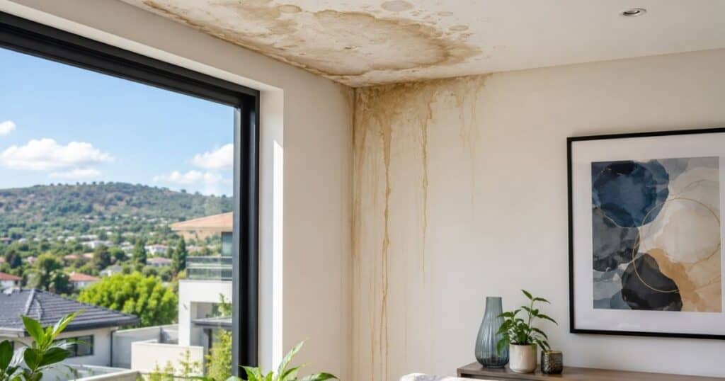 Ceiling water stain caused by roof leak in living room.