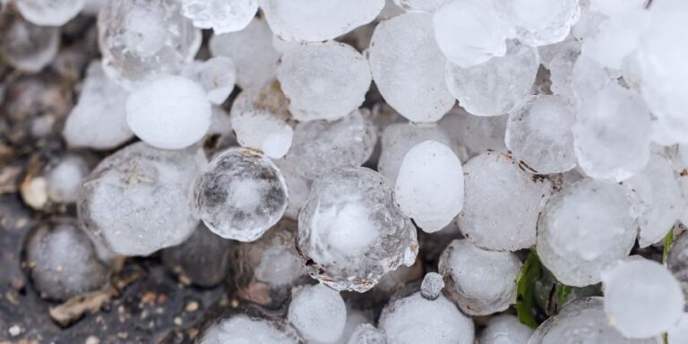 Blog Close-up of hail-damaged roof shingles with ice balls and debris.